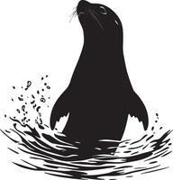 Sea Lion Playing Body upright in the water with flippers moving playfully, interacting with objects or others. full length silhouette black illustration vector