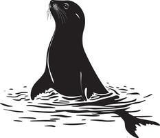 A silhouette showing a sea lion in an upright position, flippers playfully waving as it interacts with its surroundings. Full-length silhouette black artwork. vector