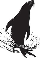 Sea Lion Having Fun Body upright in the water, flippers moving playfully as it interacts with objects or fellow sea lions. Full-length silhouette black design. vector