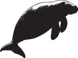 Manatee Floating Peacefully Body at rest, flippers extended as it gently drifts along the water's surface. Full-length silhouette black design. vector