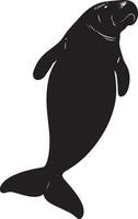 Manatee Having Fun Body in an upright position with flippers lifted, playfully interacting with water or other manatees. Full-length silhouette black design. vector