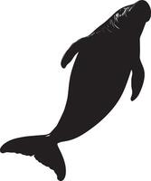 Manatee in a Rolling Motion Body partially rolled over, with tail and flippers extended as it moves gracefully through the water. Full-length silhouette black design. vector