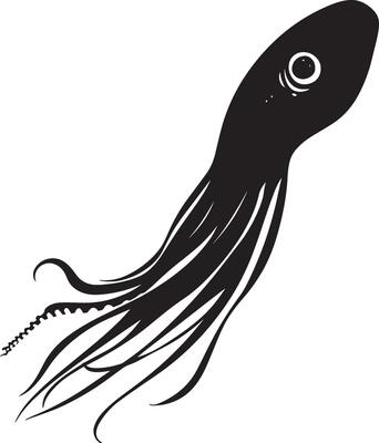 Squid Swimming Body elongated with fins extended, moving swiftly through the water. full length silhouette black illustration