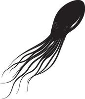 Squid Gliding Through Water Body elongated with fins outstretched, swiftly propelling itself through the aquatic environment. Full-length silhouette black design. vector