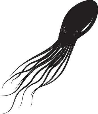 Squid Gliding Through Water Body elongated with fins outstretched, swiftly propelling itself through the aquatic environment. Full-length silhouette black design.