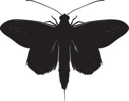 Moth at Rest While Sensing A silhouette showing a moth with its body calm, antennae extended to detect surroundings, and wings folded. Full-length silhouette black artwork. vector