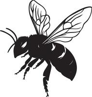 Resting Bee A silhouette illustration showcasing a bee lying on a surface or flower, wings folded and antennae calm, in a complete black profile. vector