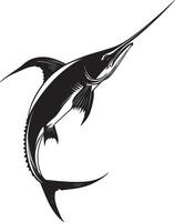 Swordfish in pursuit body angled forward, sword-like bill directed ahead, tail elevated, and fins spread for rapid movement in a full-length silhouette. vector