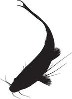 Catfish Feeding Head angled down with whiskers actively searching for food along the bottom. full length silhouette black illustration vector
