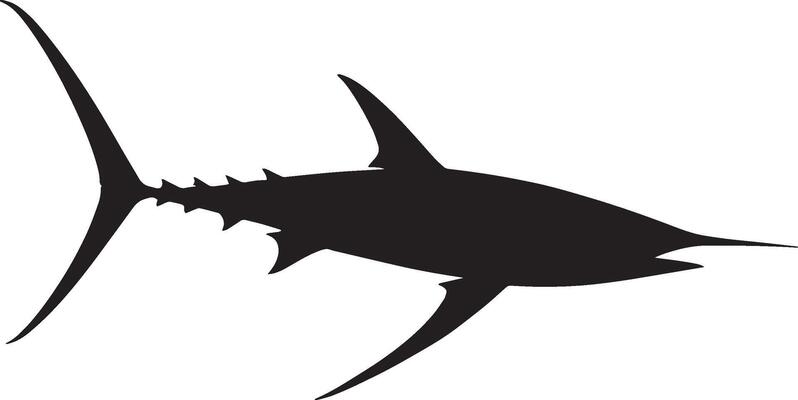 Swordfish Swimming Fast Body elongated with fins flat against the body and tail rapidly propelling the fish forward. full length silhouette black illustration