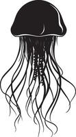 Jellyfish at rest body motionless, bell oriented downward, with tentacles gently trailing below in a full-length silhouette. vector
