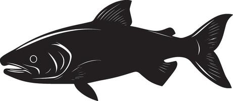 Salmon lounging suspended still in the water, body calm with fins at ease and tail slightly coiled in a black outline. vector