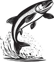 Trout Jumping Body arched with tail and fins extended while leaping above the water's surface. full length silhouette black illustration vector