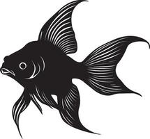 Goldfish ascending body angled upward, fins spread wide, and tail propelling the fish toward the surface in a full-length silhouette. vector