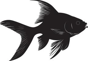 Black illustration of a turning goldfish, body curved with fins positioned for movement. vector