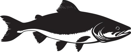 Salmon at rest body motionless in the water, fins relaxed, and tail gently curled in a full-length silhouette. vector