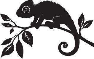 Chameleon Resting on a Branch Body relaxed with legs spread out and tail curled around a branch. full length silhouette black illustration vector