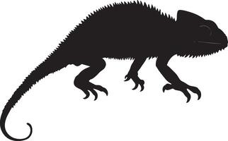 Chameleon Walking Slow steps with legs stretched and tail trailing behind body slightly tilted. full length silhouette black illustration vector