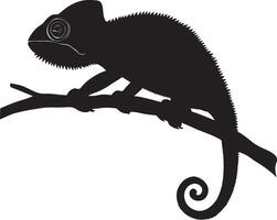 Chameleon lounging form still, limbs extended, and tail wrapped gently around a branch in a black outline. vector