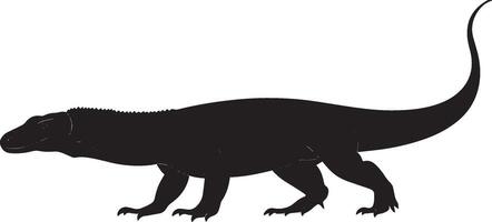 Komodo dragon moving forward legs extended outward, body close to the ground, and tail trailing in a black outline. vector