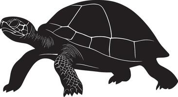 Turtle making its way slowly moving on land, legs splayed, and shell raised in a complete silhouette illustration. vector