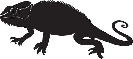 Chameleon strolling taking slow steps, legs stretched, tail trailing, and body slightly tilted in a full-length silhouette. vector