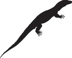 Komodo dragon ascending limbs gripping a surface, body angled, and tail extended for balance in a full-length silhouette. vector