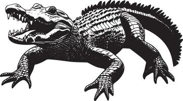 Crocodile Sunbathing Lying on the bank or surface with mouth open and body extended. full length silhouette black illustration vector