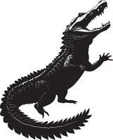Crocodile Snapping Mouth open wide body coiled with tail raised. full length silhouette black illustration vector