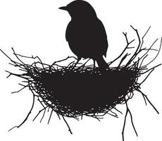 Robin in nest sitting low within the nest, head alert, and wings tucked in close in a full-length silhouette. vector
