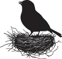 Robin Nesting Sitting inside a nest body low head alert wings tucked in. full length silhouette black illustration vector