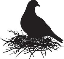Pigeon Nesting Sitting inside a nest body low head alert wings tucked in. full length silhouette black illustration vector