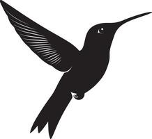 Hummingbird Darting Body angled forward wings flapping fast tail trailing. full length silhouette black illustration vector