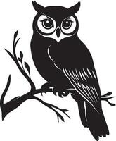 Owl Resting Sitting still on a perch with wings folded body relaxed. full length silhouette black illustration vector