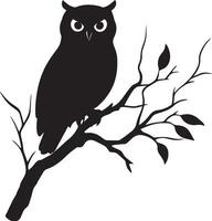 Owl Perching Sitting on a branch or tree trunk with body upright head turned. full length silhouette black illustration vector