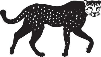 Cheetah Walking One paw lifted body in mid-stride tail extended behind. full length silhouette black illustration vector