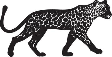 Leopard Walking One paw lifted body in mid-stride tail trailing behind. full length silhouette black illustration vector