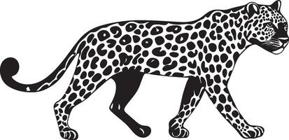 Leopard Walking One paw lifted, body in stride, tail trailing behind, black silhouette . vector