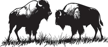 Bison Playing Playfully interacting with other bison, body moving in a relaxed manner. full length silhouette black illustration vector