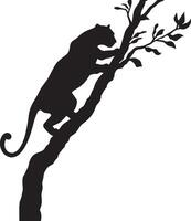 Leopard Climbing Front paws gripping a tree or surface body angled upward. full length silhouette black illustration vector