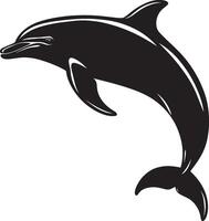 Dolphin Soaring Body curved, tail fin extended downward, black art. vector
