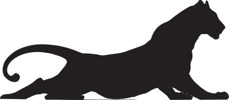 Lion Stretching Front legs extended, back arched, tail flicking. full length silhouette black illustration vector