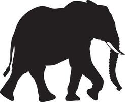 Elephant Striding One leg raised in mid-stride, trunk reaching out, ears spread wide, full-length black silhouette illustration. vector