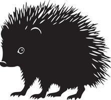 Hedgehog Poised Standing tall with legs firmly set, trunk raised or at ease, complete black silhouette design. vector