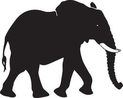 Elephant Walking One leg lifted in mid-step, trunk extended forward, ears flared out. full length silhouette black illustration vector