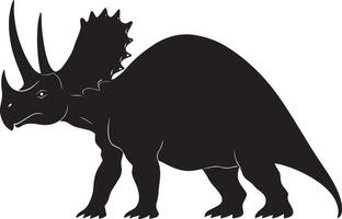 Triceratops A robust quadrupedal herbivore featuring a frill at the back of its head and three prominent horns, standing on strong limbs, full-length black silhouette illustration. vector