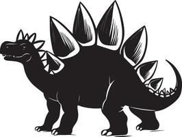 Stegosaurus A notable quadruped known for its slow movement, prominent plates on its back, and tail adorned with spikes, full-length silhouette in black art. vector