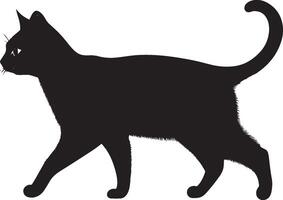 Cat with Tail Up Silhouette A friendly cat moving gracefully, its tail curved upwards in a playful manner, full-length silhouette in black art. vector