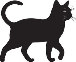 Cat with Elevated Tail Silhouette A cheerful, curious cat walking confidently, tail arched upward, complete black silhouette design. vector