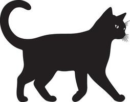 Cat with Curled Tail Silhouette A playful, inquisitive cat strolling with its tail held high, full-length black silhouette illustration. vector